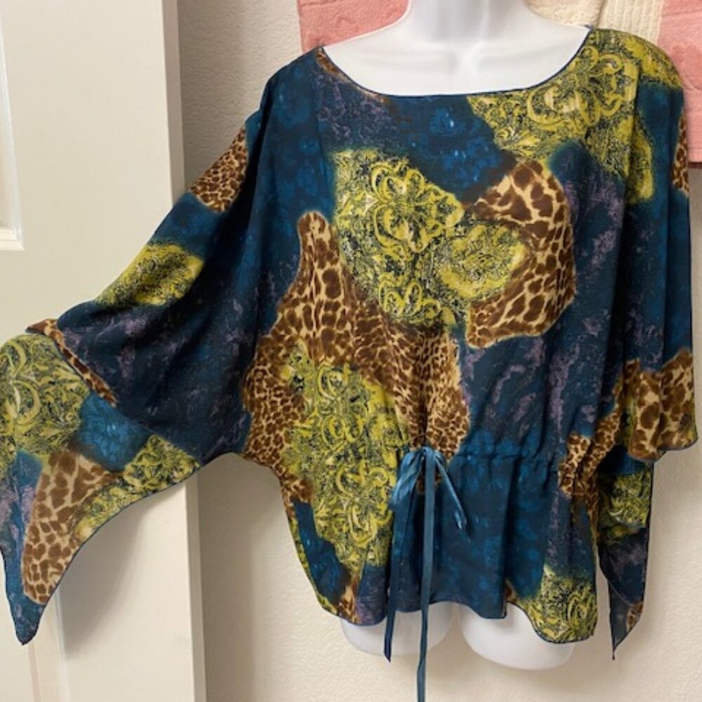 Floaty JAIPUR Top ~ ASSYMMETRIC & DOHLMAN SLVS * BLUEs & ANIMAL semi-sheer * S M
